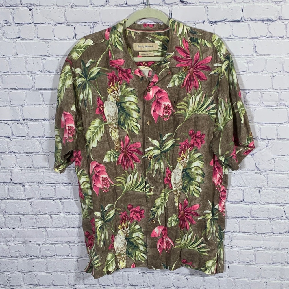 Tommy Bahama Mens Tropical Print Linen Button Down Short Sleeve Shirt Brown Sz L
